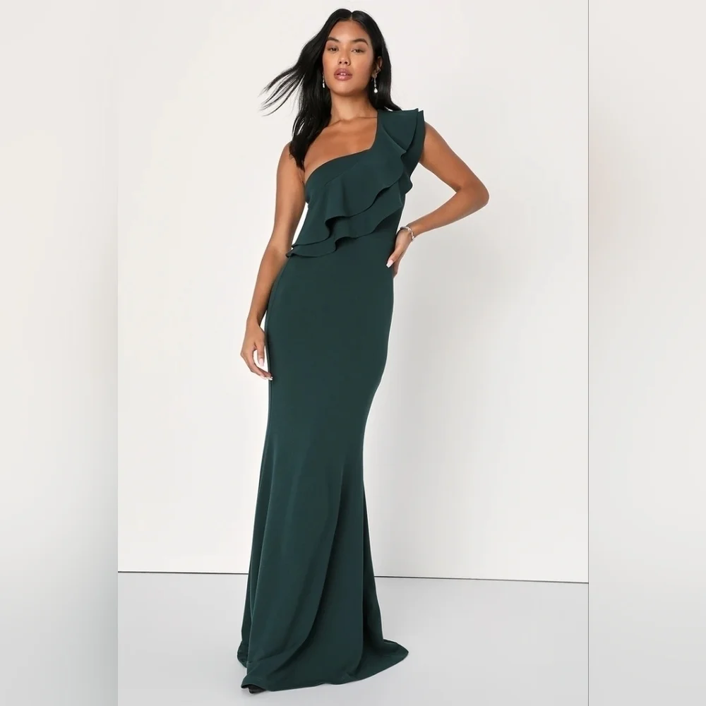 Lulus Grand Beauty Emerald Ruffled One-Shoulder Mermaid Maxi Dress M Wedding